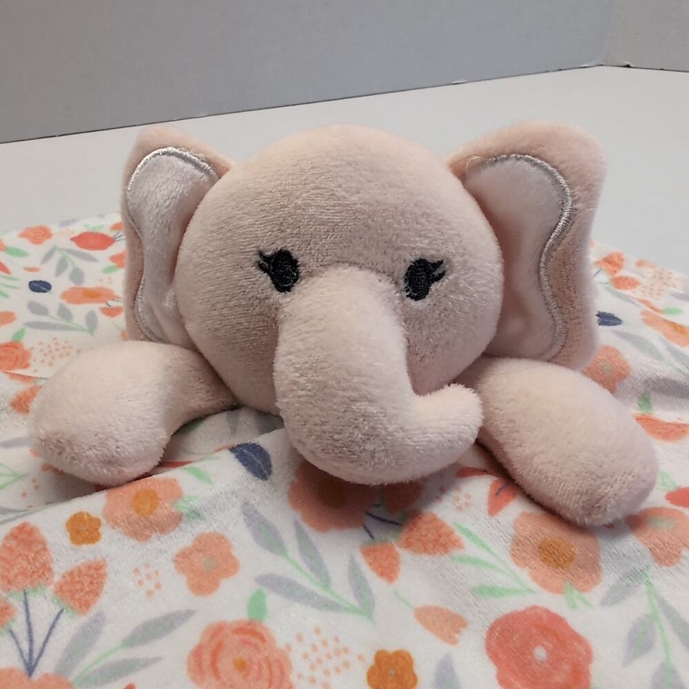 Modern Baby Elephant Lovey Plush w/Teether & Rattle Snuggle Blankie Pink Floral - Picture 3 of 13